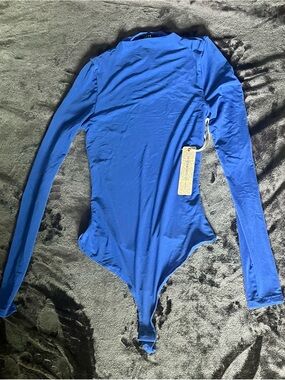 NWT Iris Basic Royal Blue Sheer Mesh Mock Neck Long Sleeve Bodysuit S